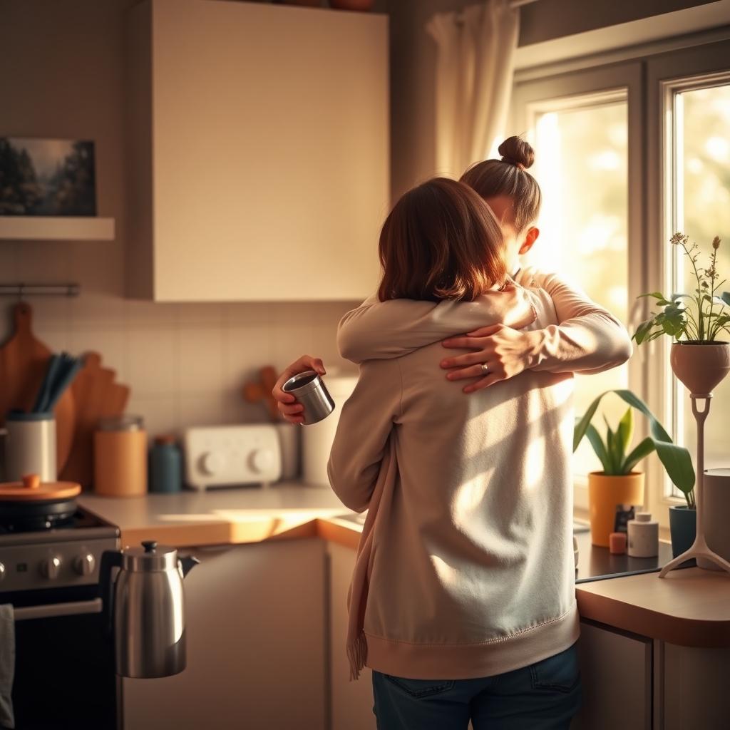 朝の陽光が差し込むキッチンで、コーヒーを淹れるパートナーを後ろから抱きしめる夫婦の温かいシーン
