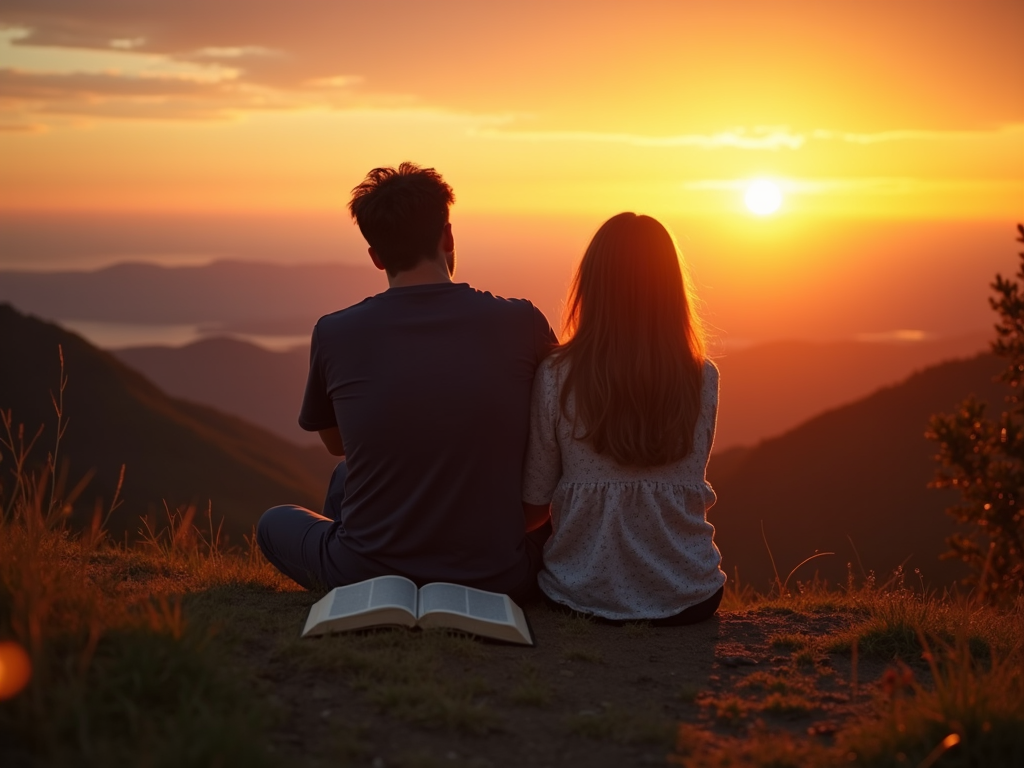 夫婦が丘に座り、一緒に夕日を見ている様子。開いた本が二人の間に置かれている。