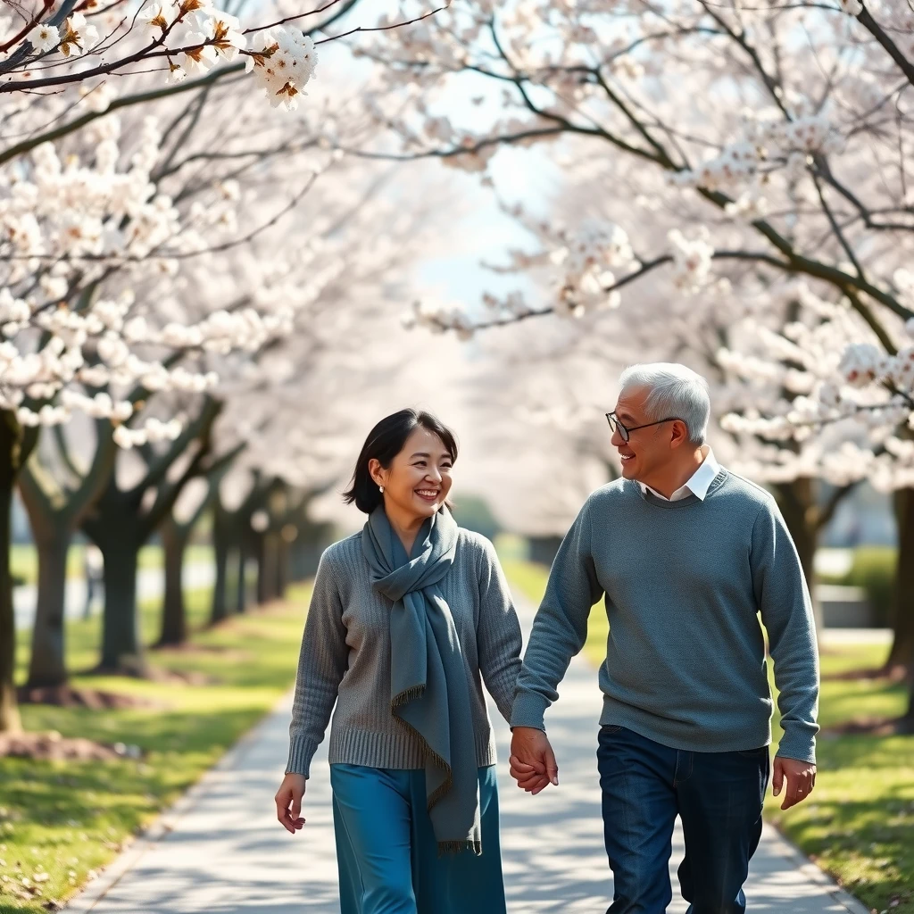 公園を散歩しながら笑顔で話す穏やかな日本人夫婦