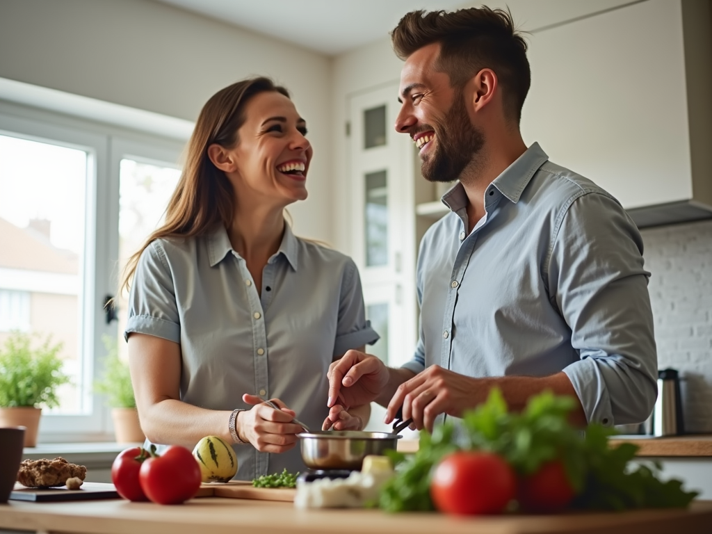 夫婦が明るいキッチンで一緒に料理しながら笑っている様子。カウンターに食材が散らばっている。