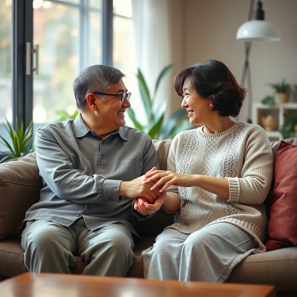 穏やかなリビングで手をつなぐ夫婦の温かな瞬間