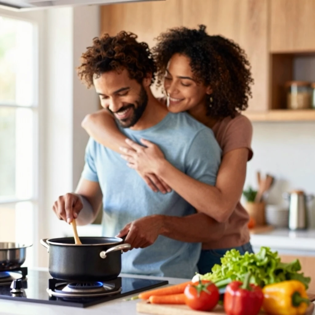 キッチンで抱き合い和解する夫婦の温かな瞬間
