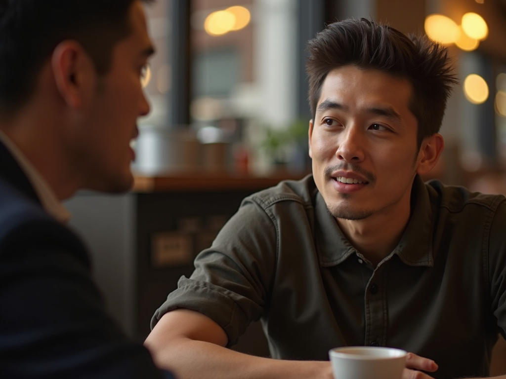 カフェで相手の話に耳を傾け、うなずきながら目を見ている様子