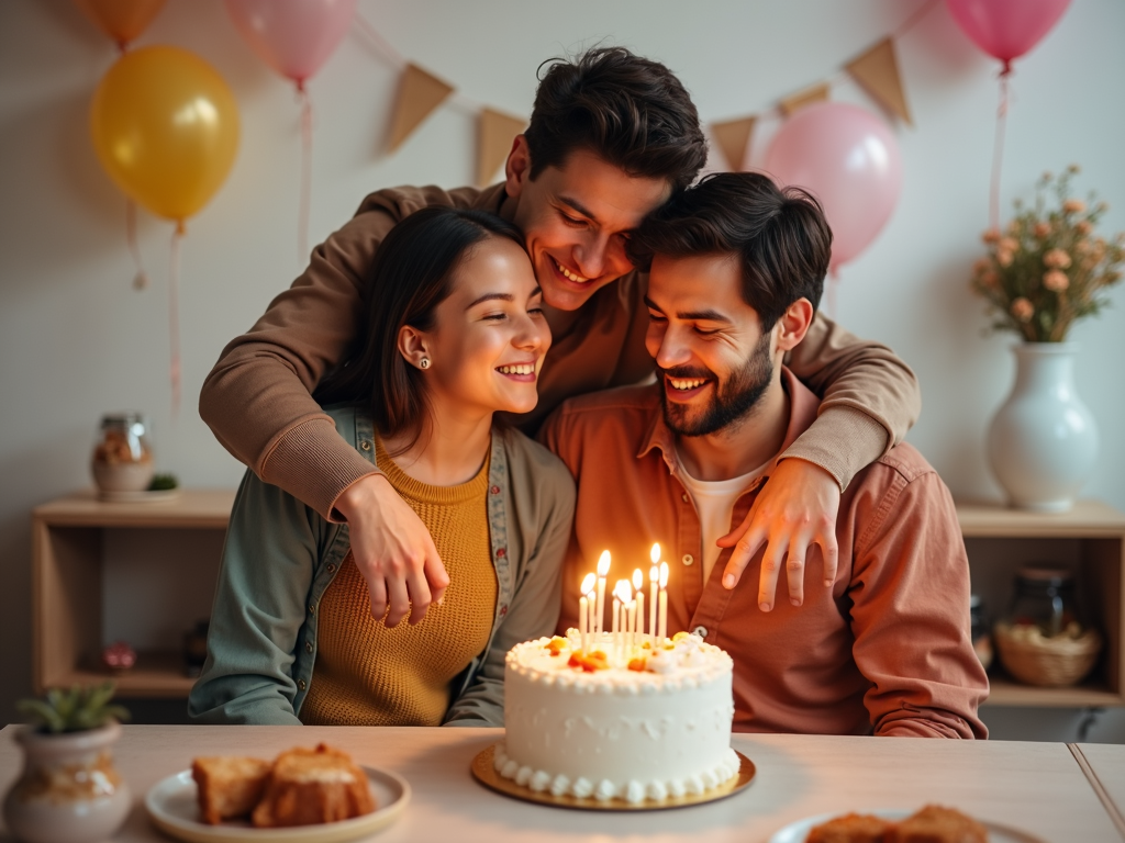家族が誕生日や記念日などの特別な日を祝っている様子。装飾やケーキがあり、家族が抱き合って笑顔で愛情を示している。