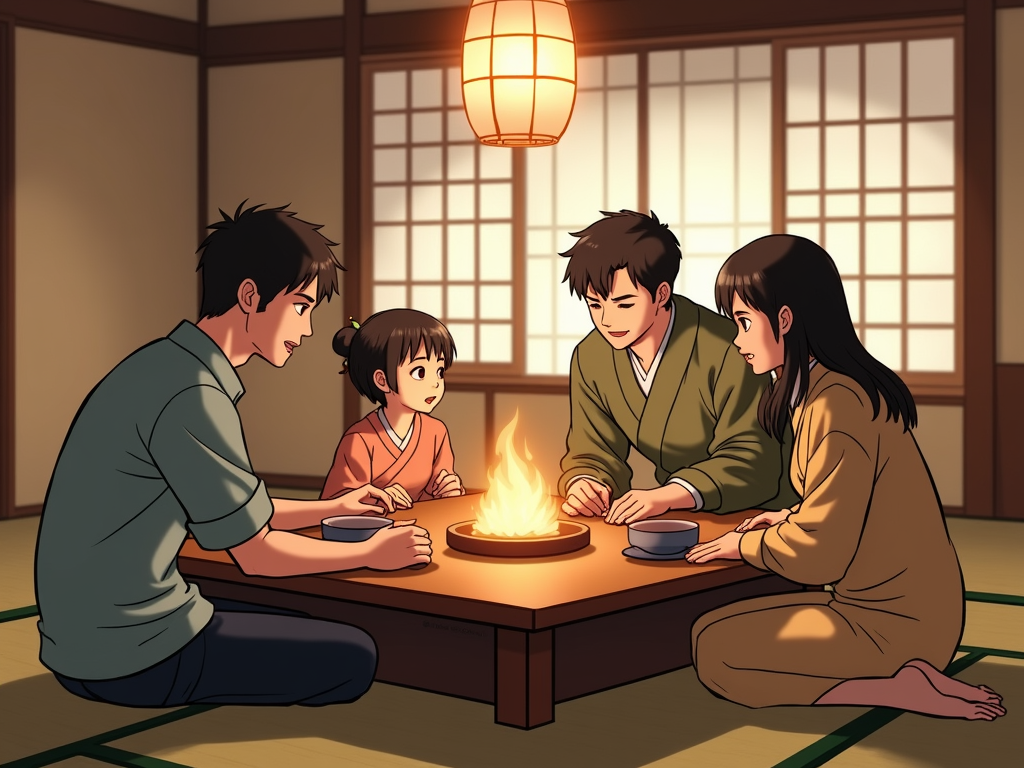 日本の伝統的な家庭で、コタツを囲んで会話する家族