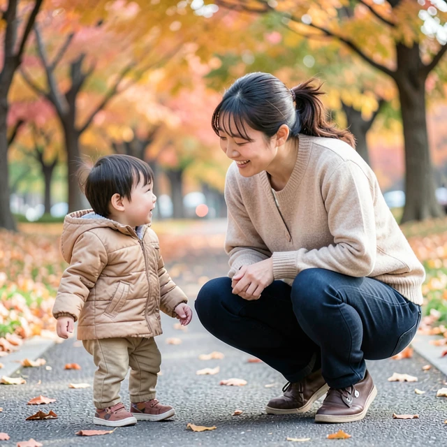 公園で子どもに耳を傾ける親の優しいシーン