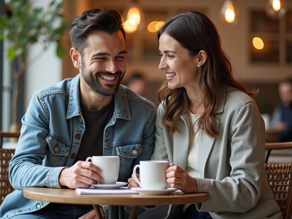 夫婦が小さなテーブルでコーヒーを飲みながら、笑顔でノートを見ている様子。