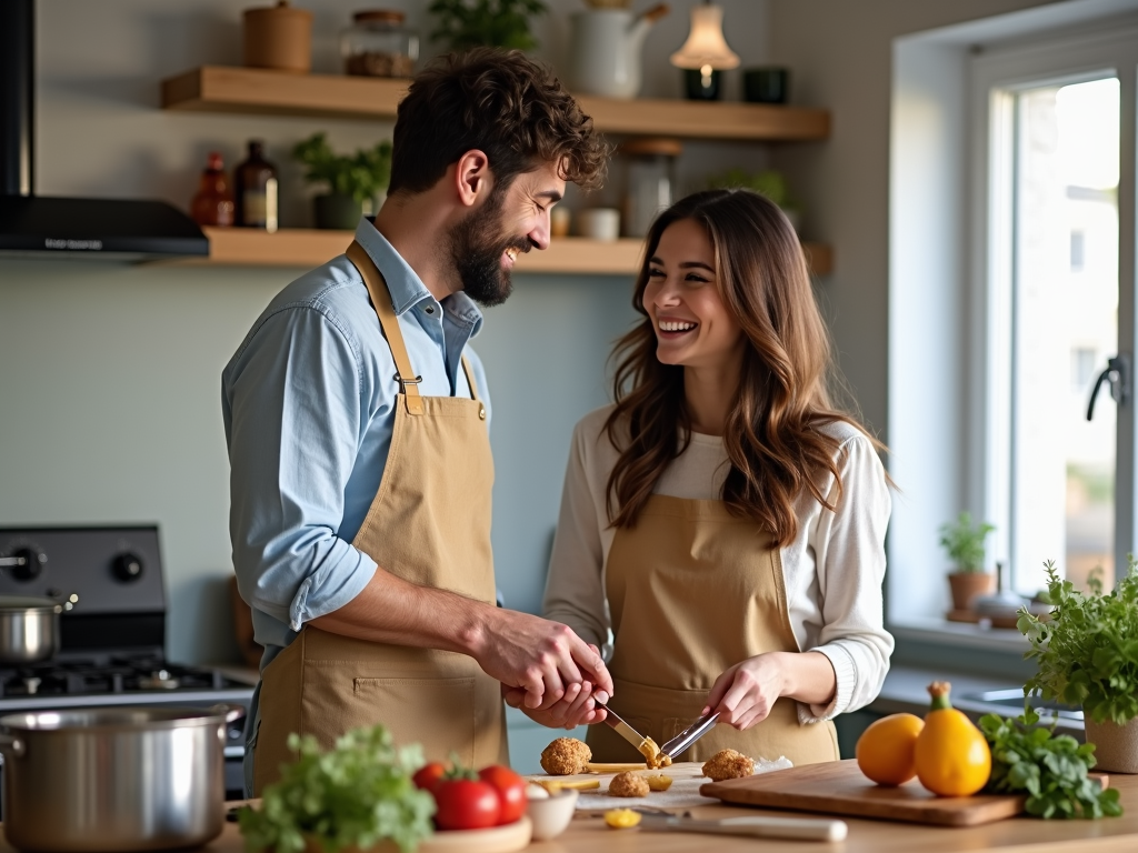 キッチンで一緒に料理をし、笑い合いながら楽しい時間を過ごす夫婦