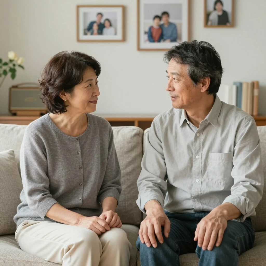 落ち着いたリビングで会話を楽しむ夫婦の写真