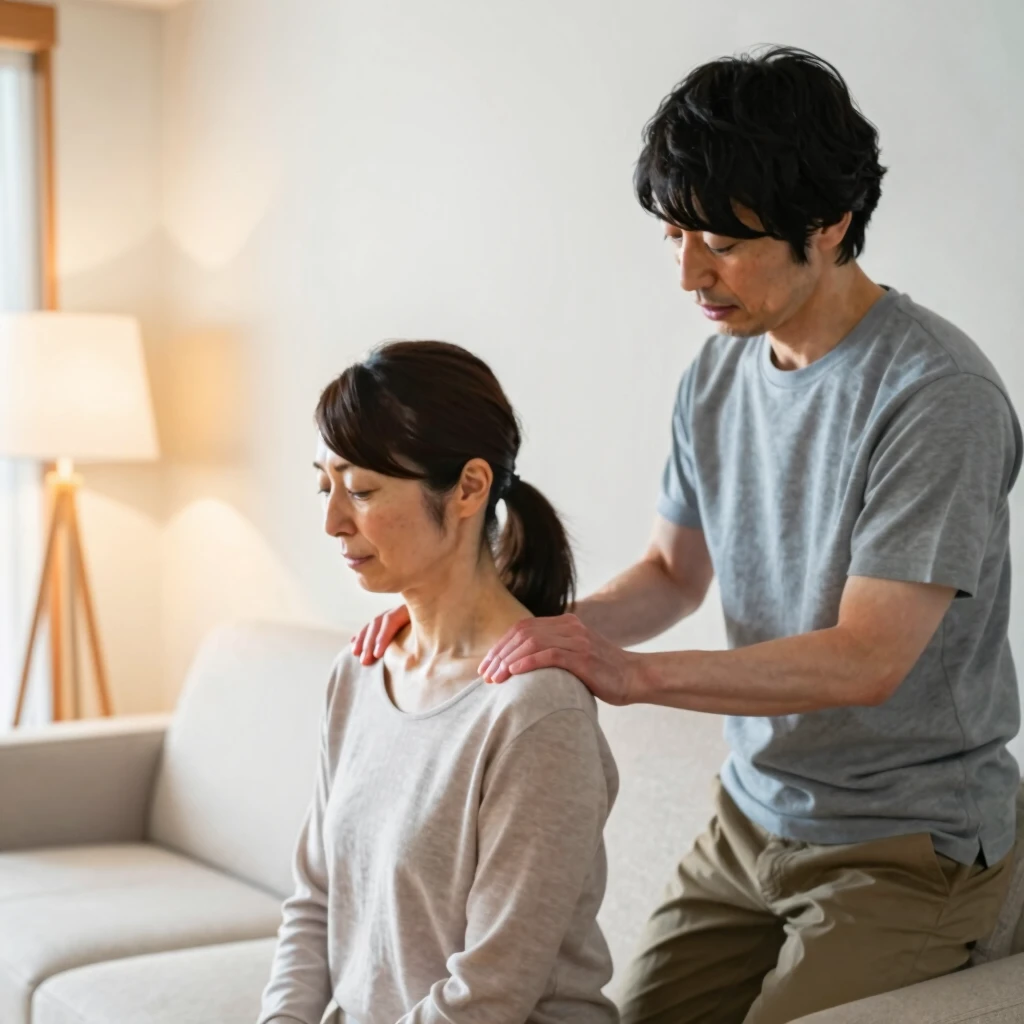 リビングで肩を揉み合いながら穏やかに話す夫婦