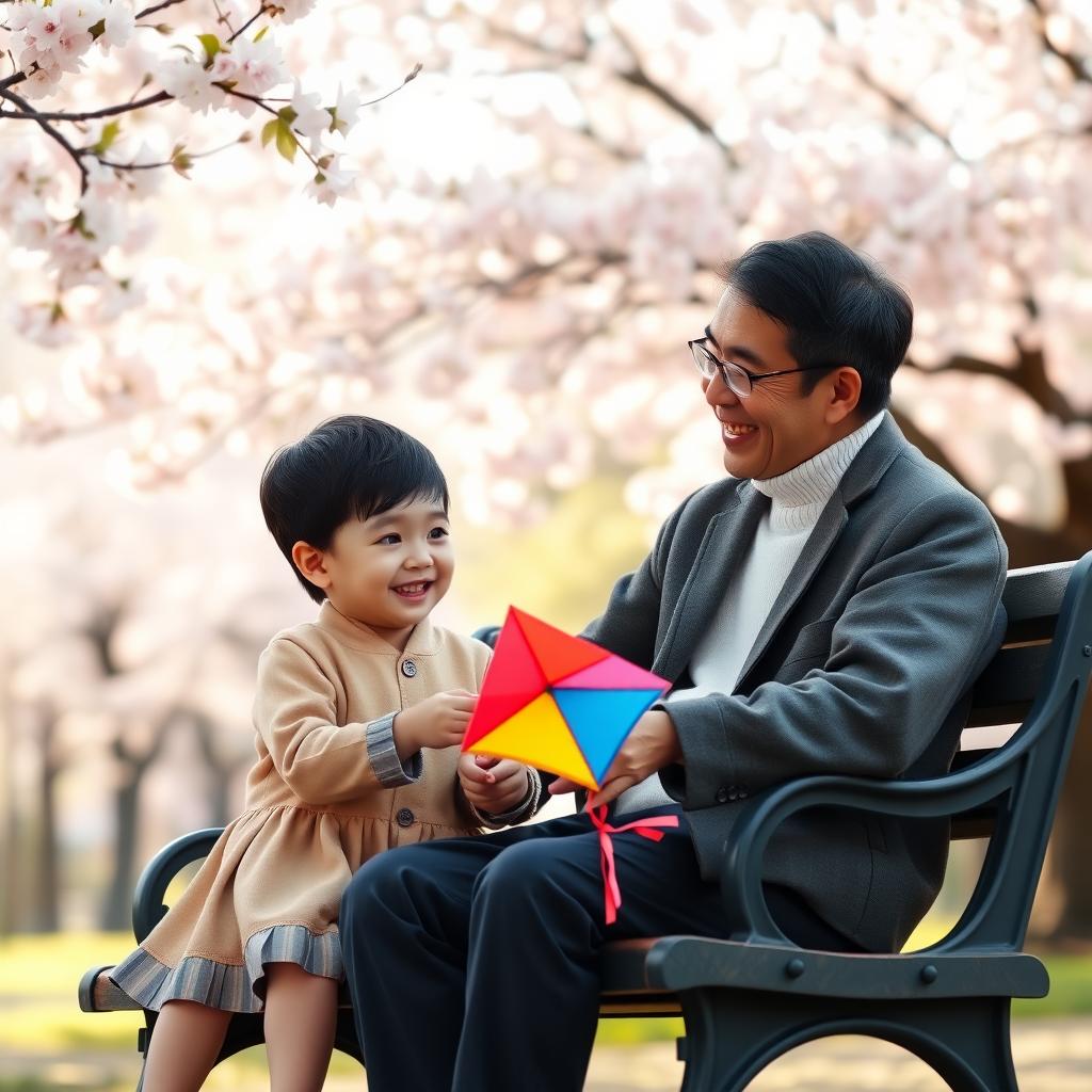 公園のベンチで親子が笑顔で会話している。背景には桜の木が咲き、柔らかな日差しが差し込む。子供はカラフルな凧を持っている。