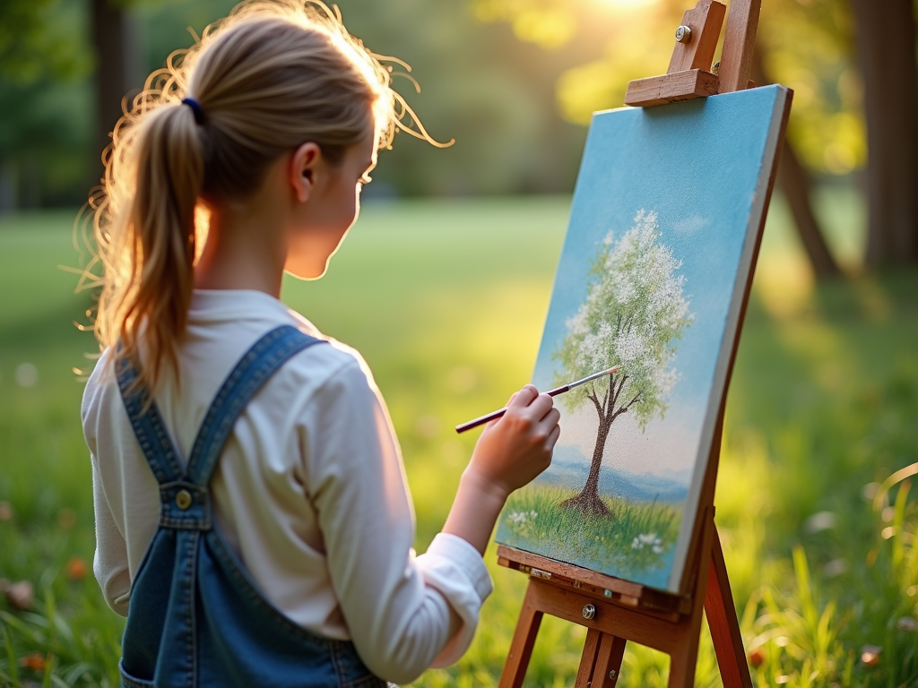 自然に囲まれた屋外でキャンバスに絵を描く人。クリエイティブな週末の趣味の喜びを捉えた写真。