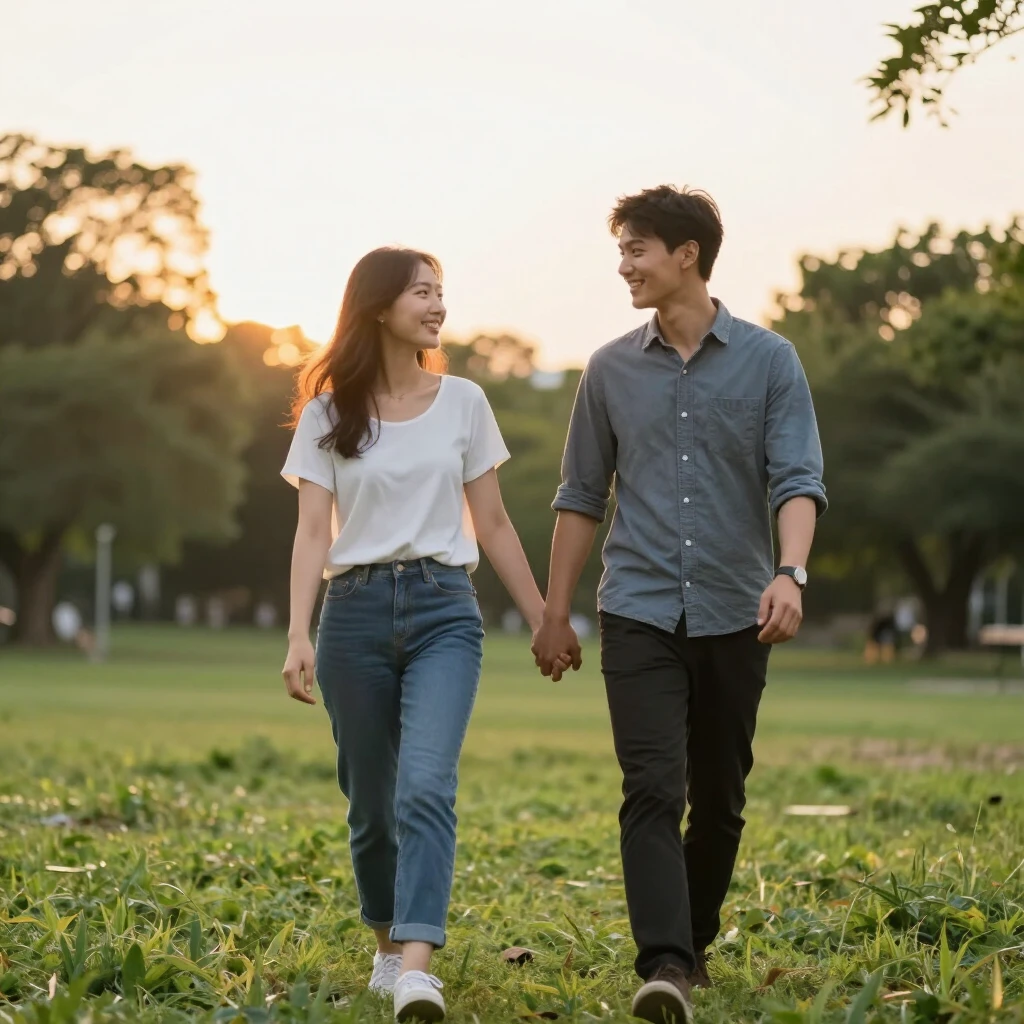 夕陽の公園で手をつないで歩くロマンチックな夫婦、お互いに微笑み合う幸せな様子