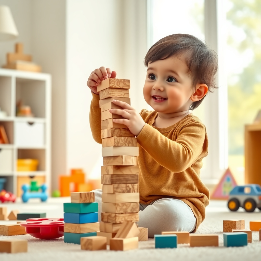 子供が一人でブロックを積み上げる自立的な遊びの様子