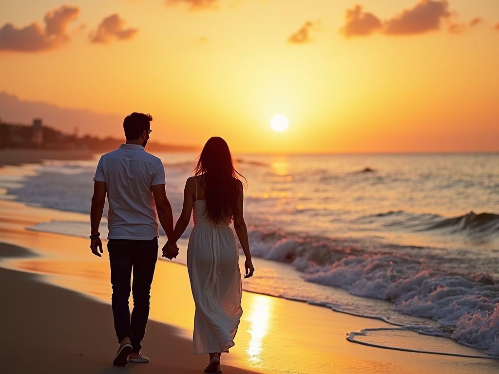 夕日のビーチを歩く夫婦