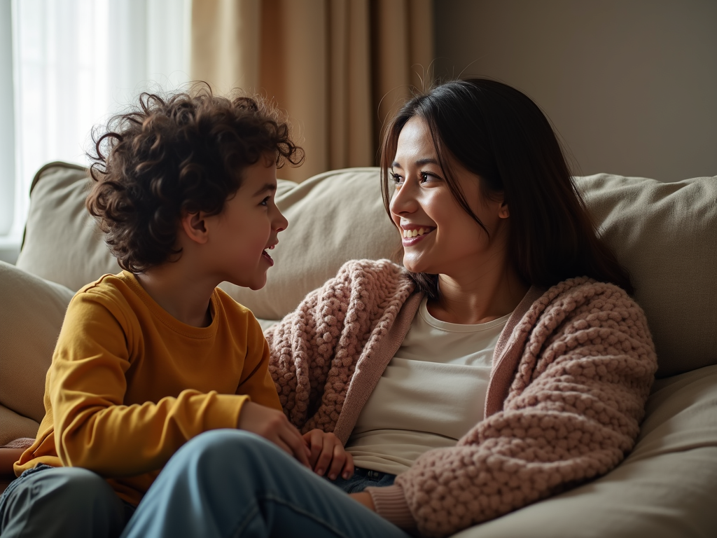 親と子がソファに座って会話をしている画像。親は注意深く耳を傾け、子どもは表情豊かに話している。
