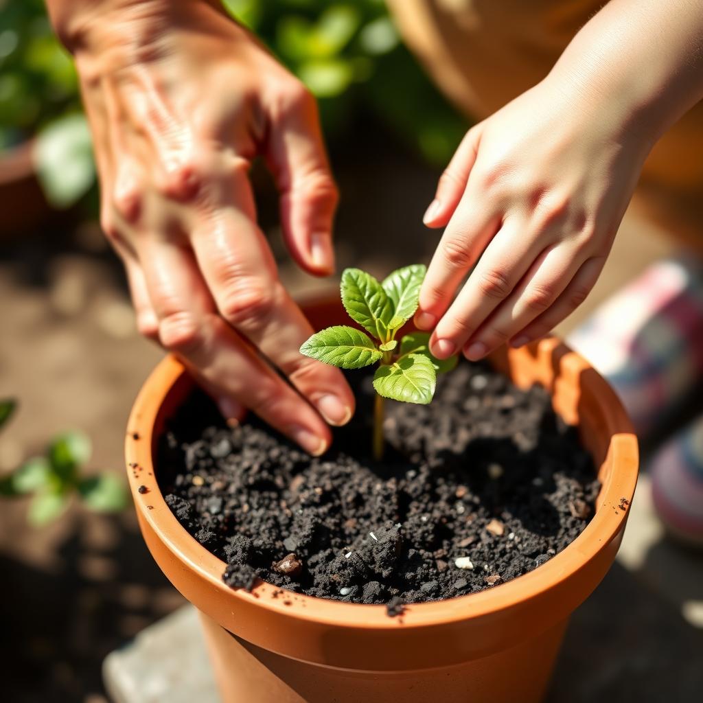 親と子の手が一緒に植木鉢に花を植える、明るい庭でのシーン