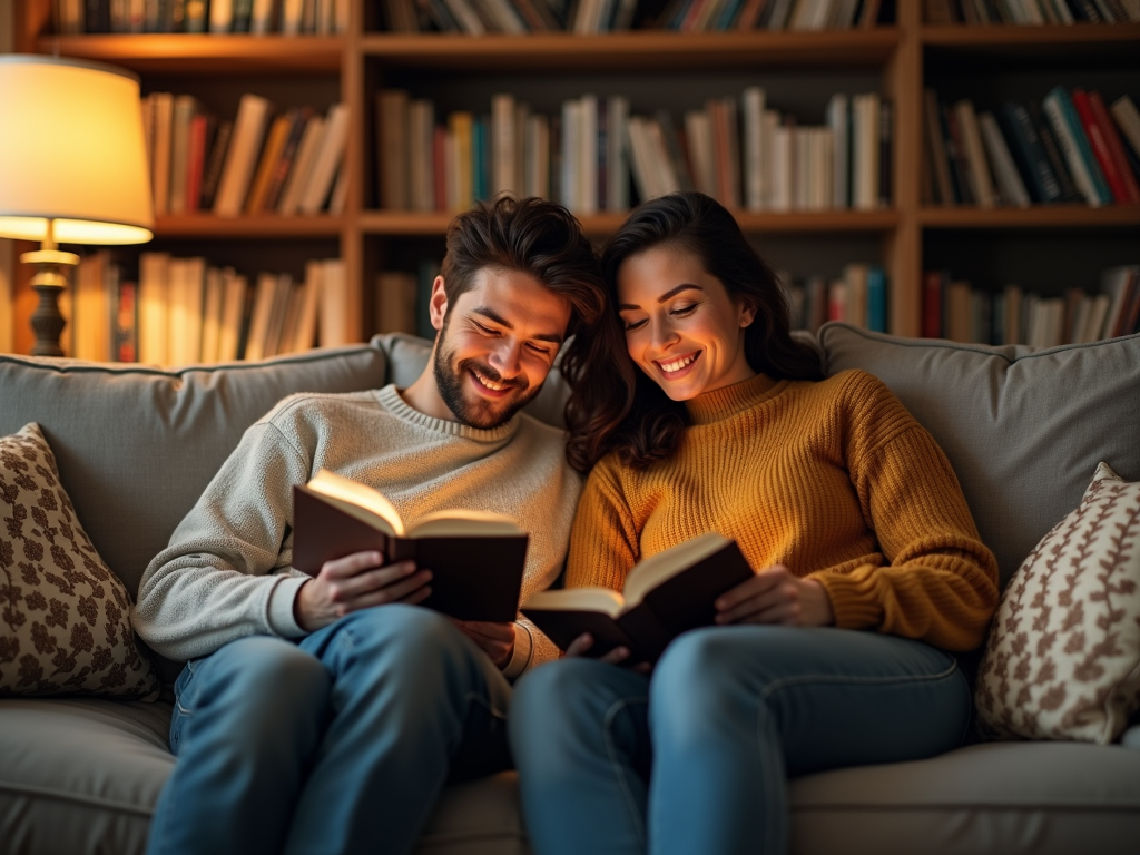 居心地の良いリビングルームで本を読む夫婦