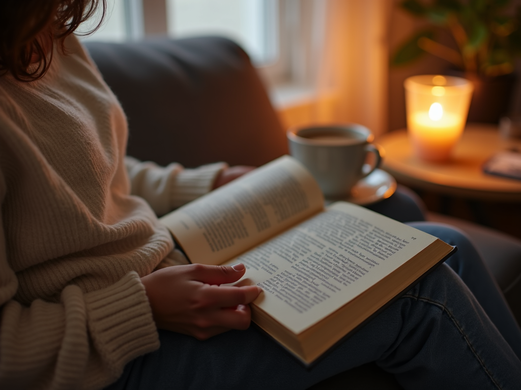 親がソファで子育ての本を読み、近くに紅茶が置かれている様子。穏やかな夕方の設定。