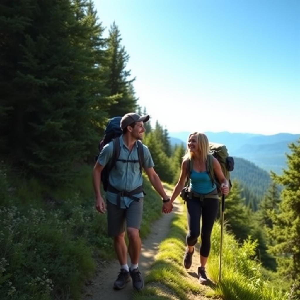 カップルが緑豊かな山のトレイルでハイキングを楽しむ様子。青い空と遠くの山々を背景に、手をつないで笑顔を見せる。