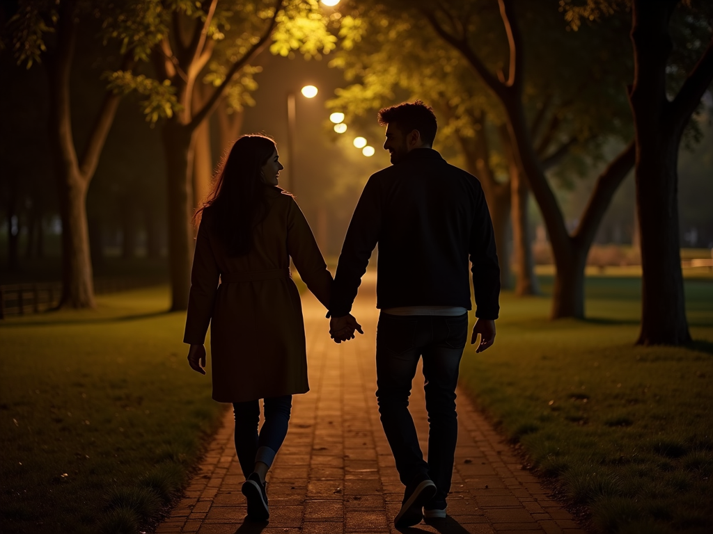 夫婦が公園で手をつないでデートを楽しんでいる様子。