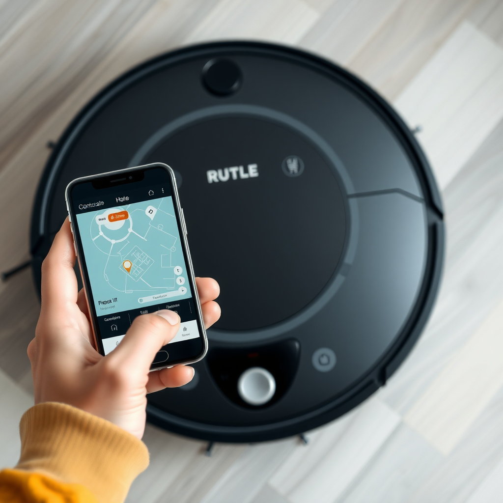 スマートフォンアプリでロボット掃除機を操作する手のクローズアップ。家のマップや掃除スケジュールが表示されたモダンなインターフェース。