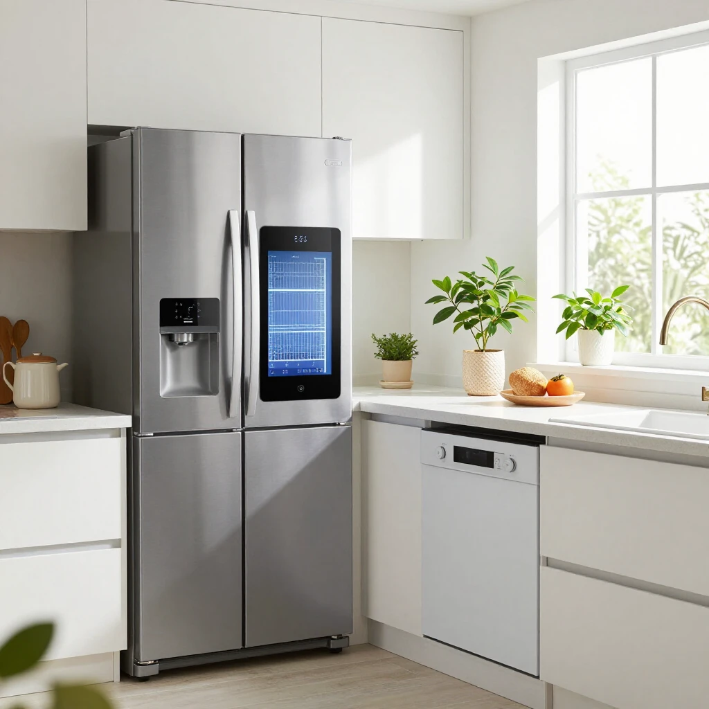 明るいエコフレンドリーな現代キッチン、省エネ家電と植物が置かれている様子