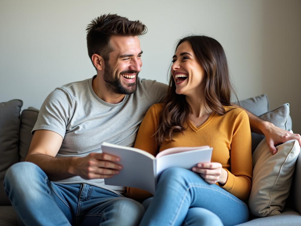ソファで一緒に笑う夫婦。ノートとペンを持ち、楽しそうに週の予定を立てている。