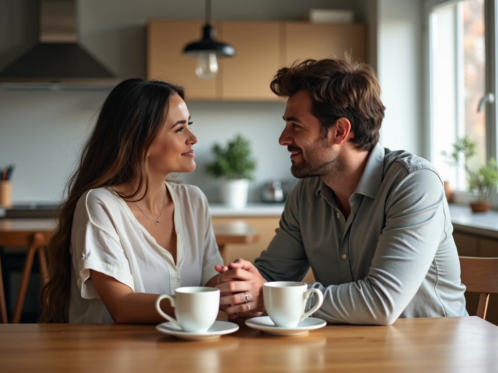 夫婦がキッチンテーブルで手をつなぎ、コーヒーを飲みながら穏やかに話している様子