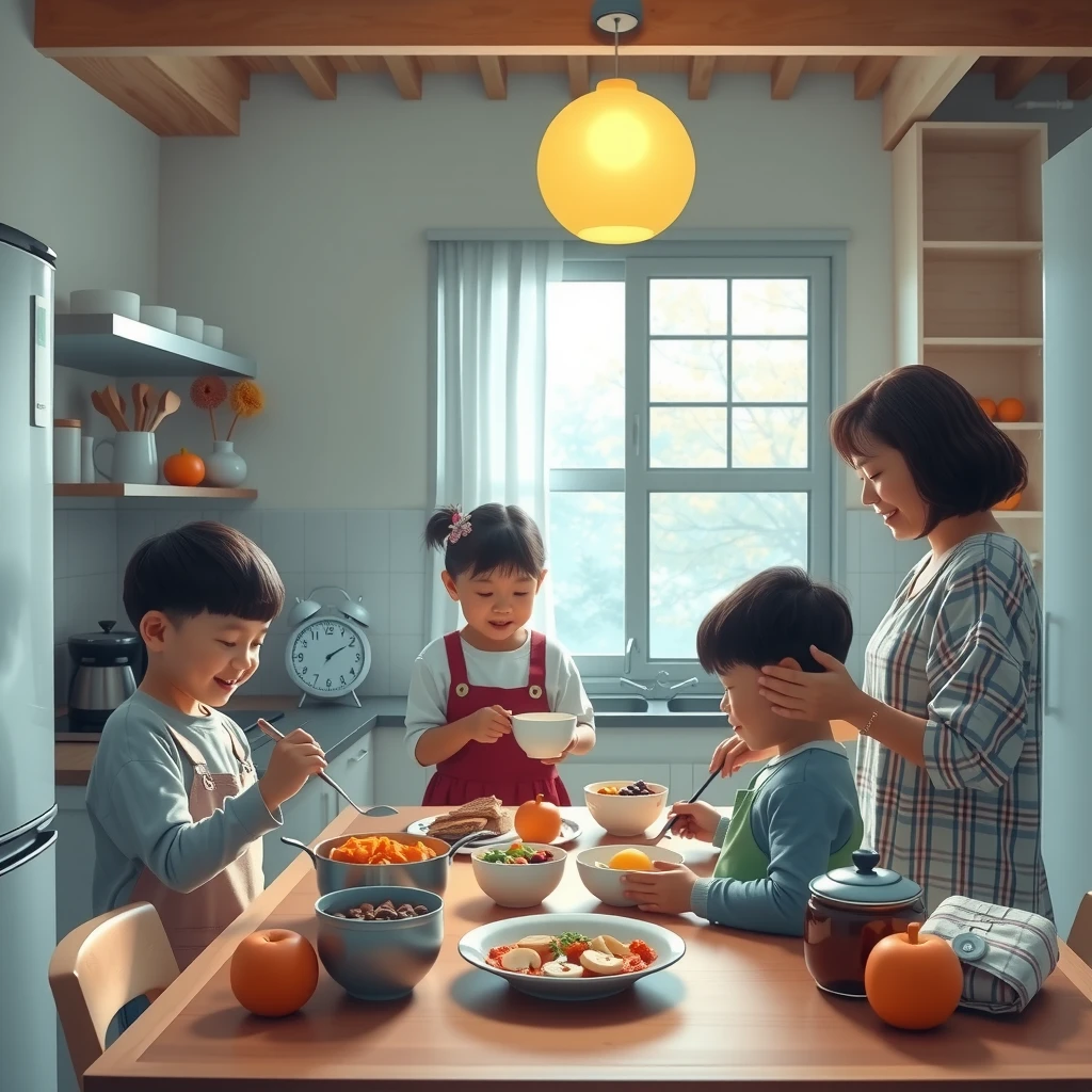 家族で朝の準備をする様子、明るいキッチンで朝食を作りながら整頓された家