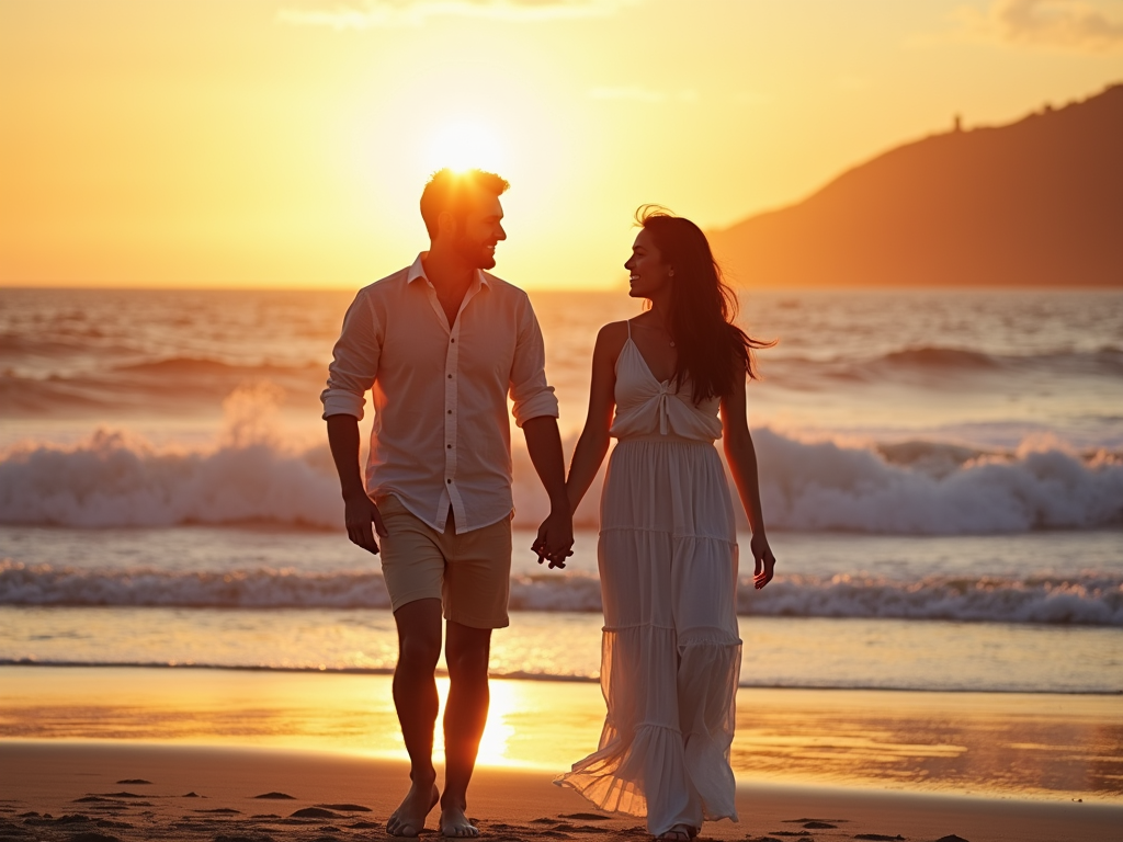 夫婦が夕暮れのビーチで手をつないで歩き、笑顔で互いを見つめ合っている様子。背景には海の波が広がっている。