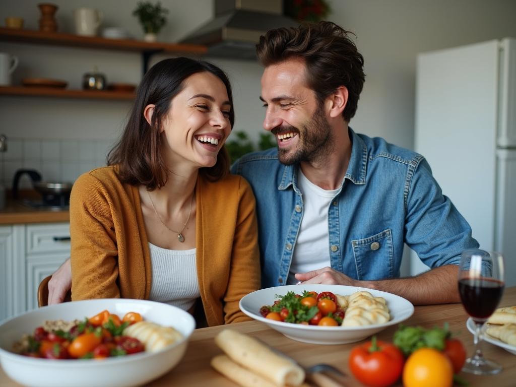 キッチンテーブルで一緒に笑う夫婦。手作りの食事が目の前に置かれている。