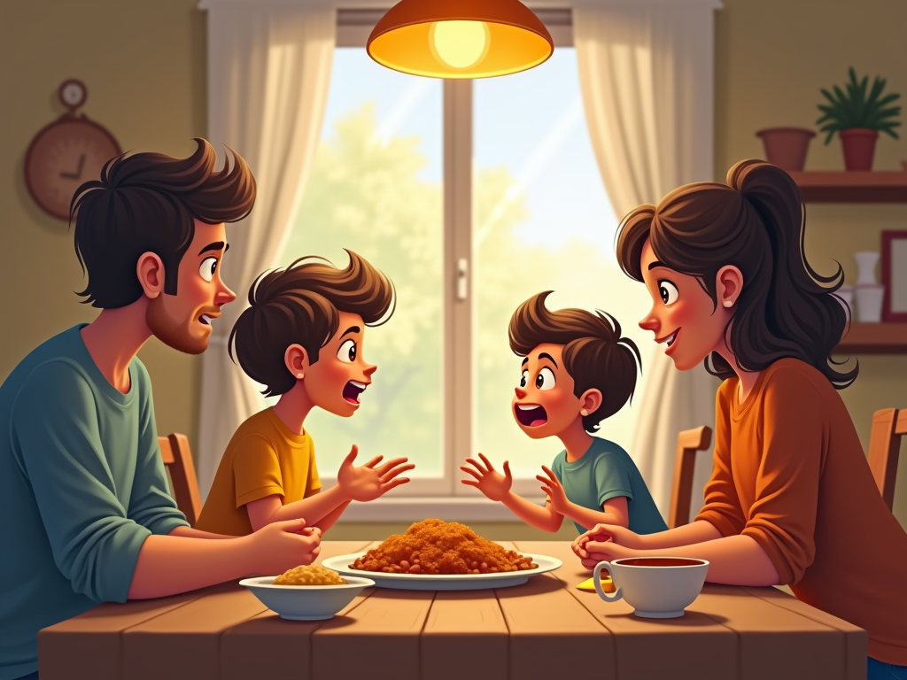 家族が夕食のテーブルで会話をしている様子
