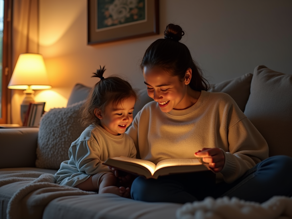 親が子供に本を読み聞かせる温かいリビングルームの様子