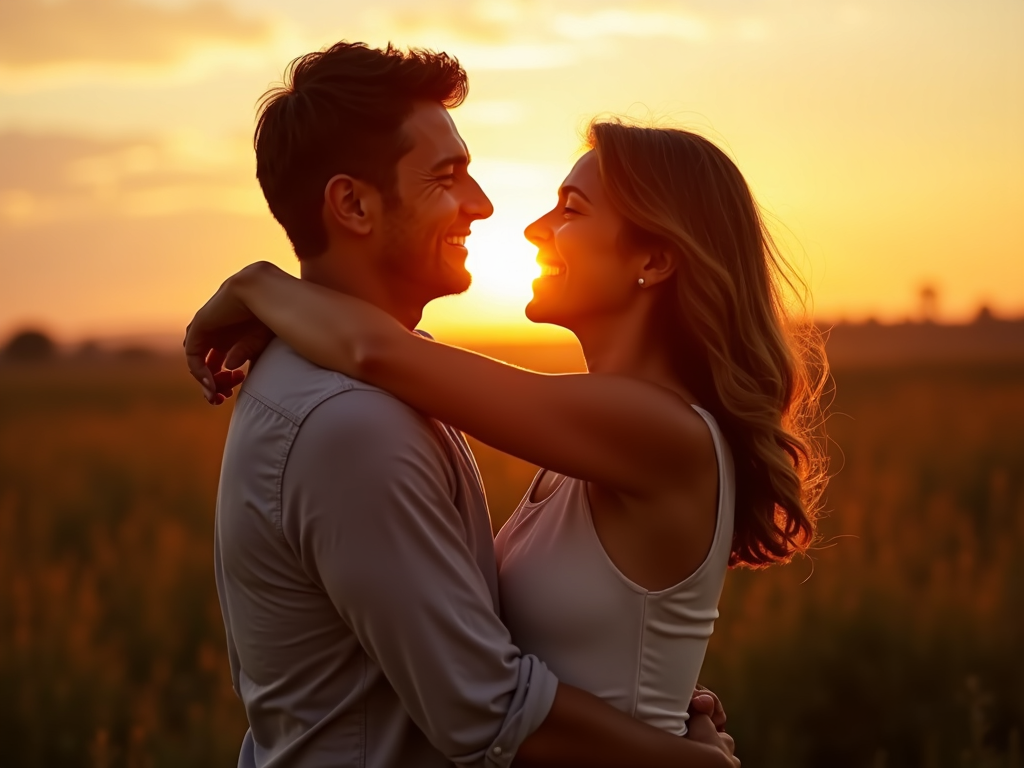 抱き合う夫婦と夕焼け