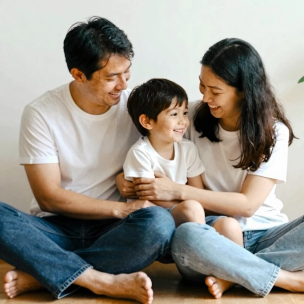 温かい家族の様子：床に座った両親と子どもが抱き合い、笑顔で感情的なつながりを示しているフォトリアリスティックな画像