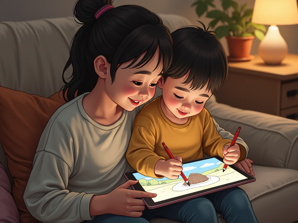 タブレットでジブリ風の画像を一緒に作る人と子供、居心地の良い家の設定で幸せそう。