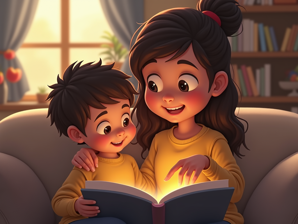 親が子どもと一緒に本を読んでいる様子