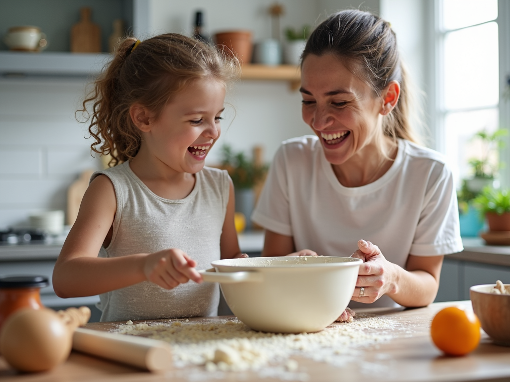 親子がキッチンで一緒に料理をしている様子