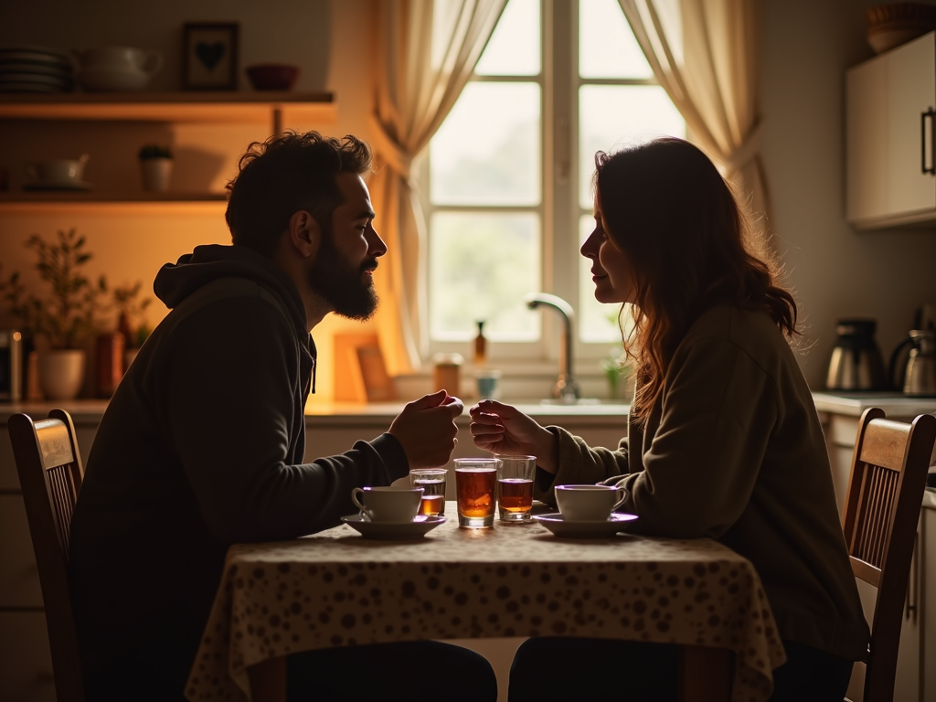 居心地の良いキッチンテーブルで、穏やかに話す夫婦。お茶を手に持つ二人を暖かい照明が照らす。