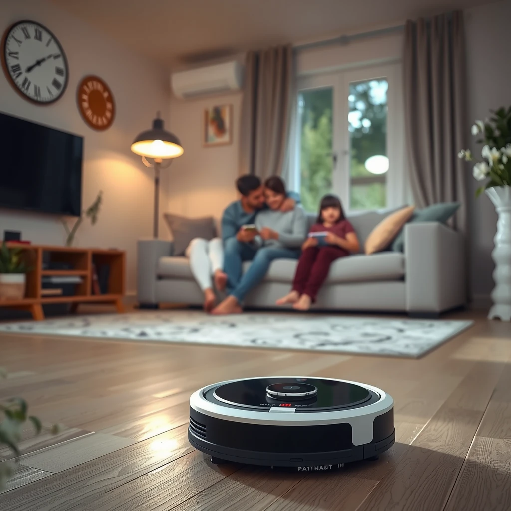 居心地の良い家でロボット掃除機が自動で床を掃除し、背景に家族がいる様子