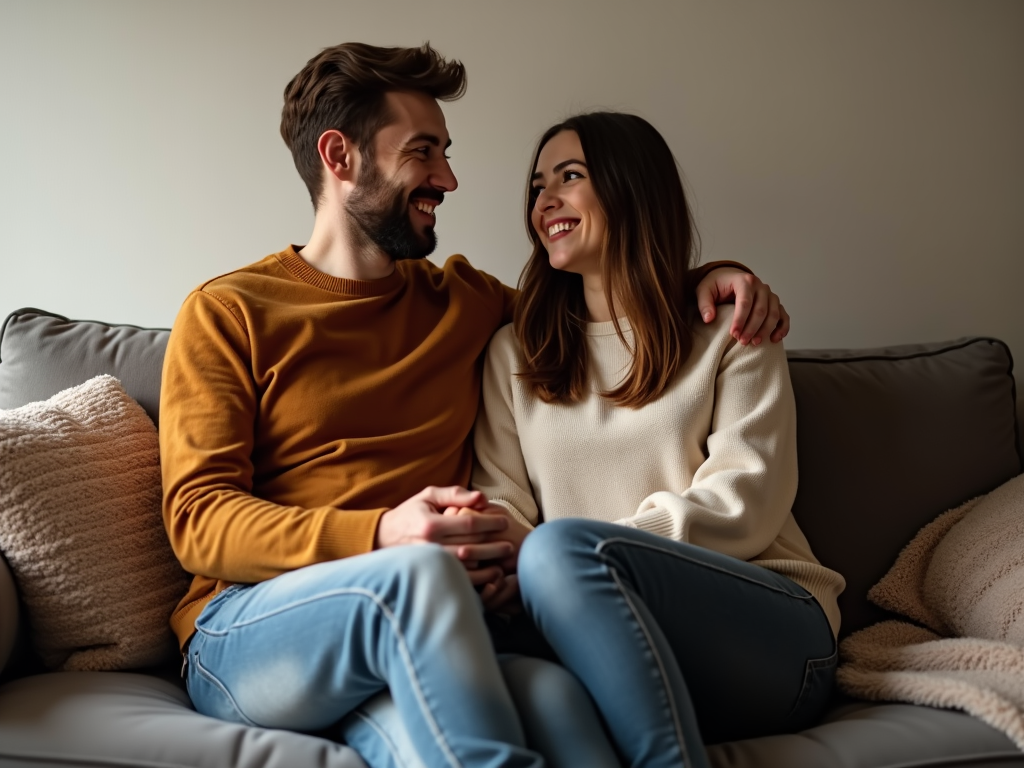 夫婦が手を繋いでソファに座り、笑顔でいる様子