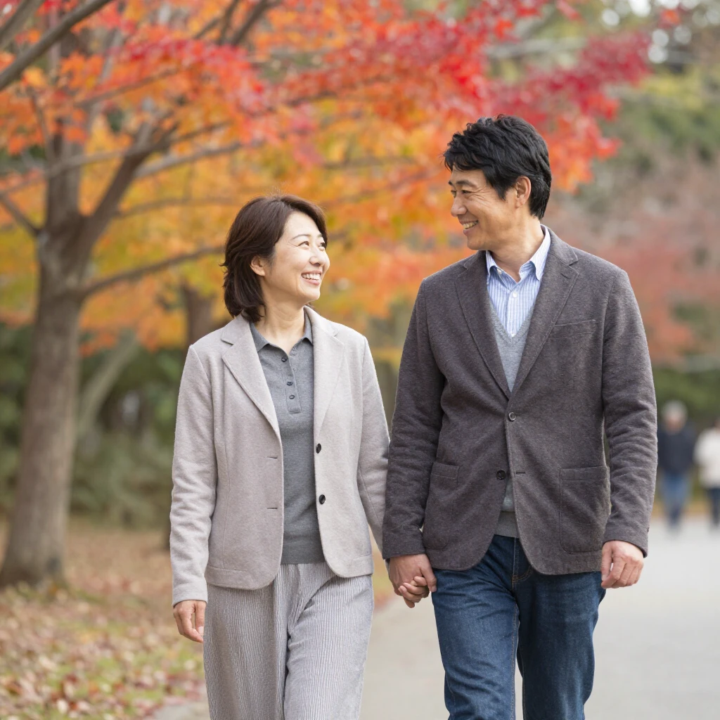 秋の公園で手をつないで散歩する幸せそうな夫婦