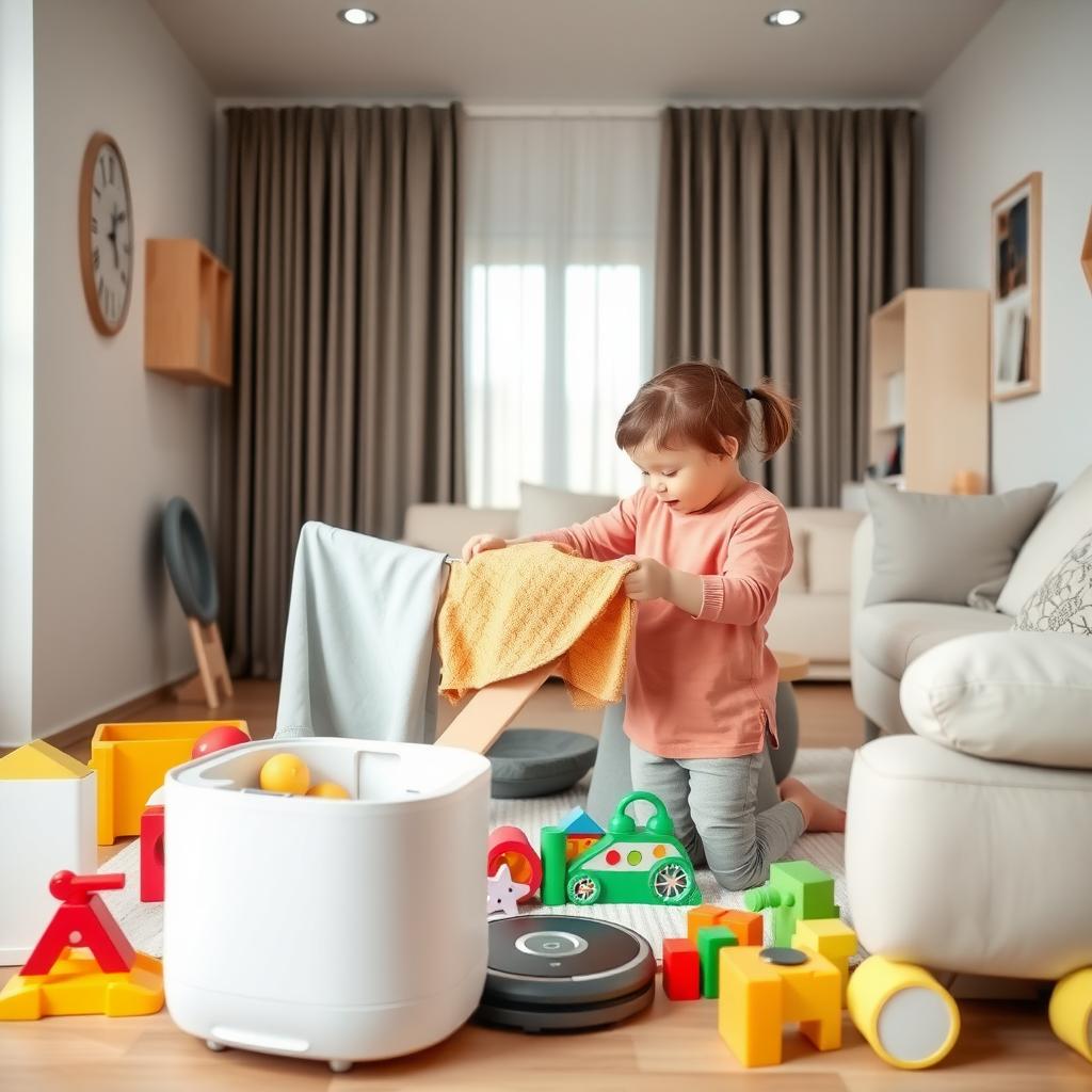 モダンなリビングで、親子が一緒に洗濯物を畳む。部屋は整頓され、背景にロボット掃除機。色鮮やかなおもちゃが整然と並び、温かい雰囲気が漂う。