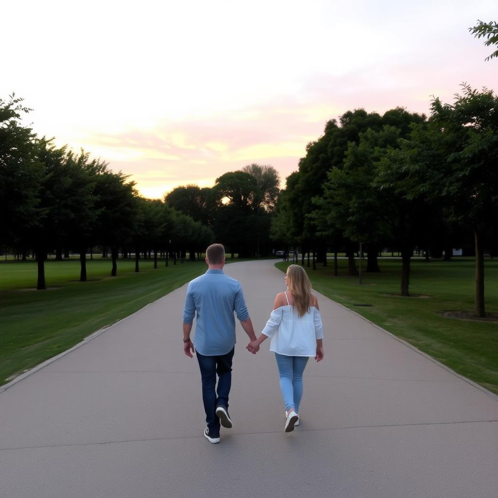 夕暮れの公園で、手をつないで木々の小道を歩く夫婦。空はピンクとオレンジに染まり、リラックスしたつながりを感じさせる。