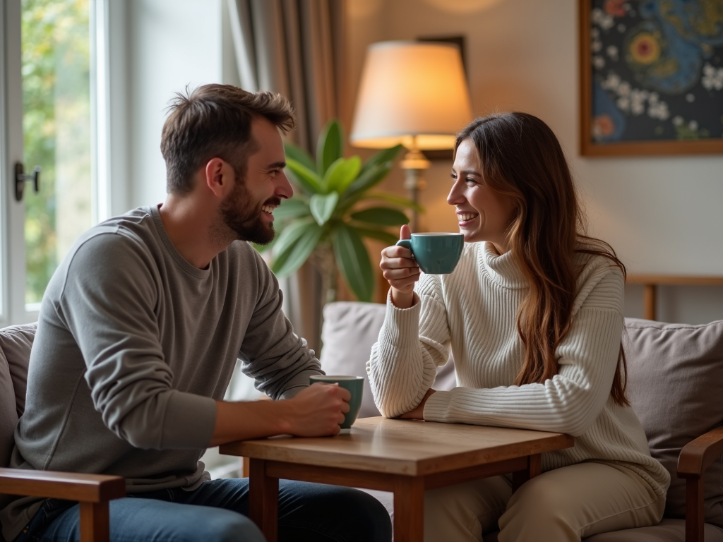 夫婦が自宅の小さなテーブルでコーヒーを飲みながら、笑顔で話している様子。リラックスした親密な雰囲気が漂う。