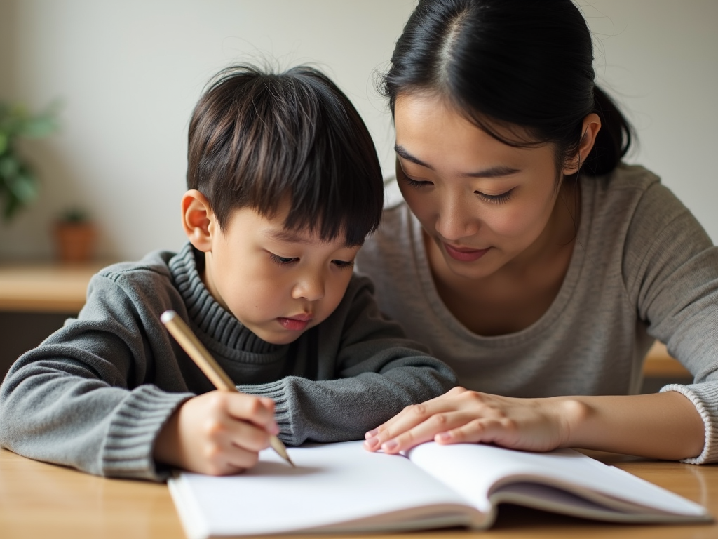 親子が机で一緒にノートを見ながら作業している。落ち着いた集中した雰囲気。