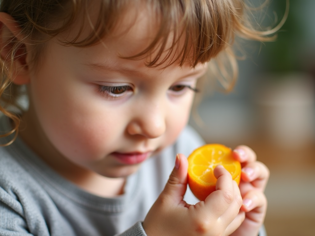 子供が果物を手に取り、五感を使って観察する様子