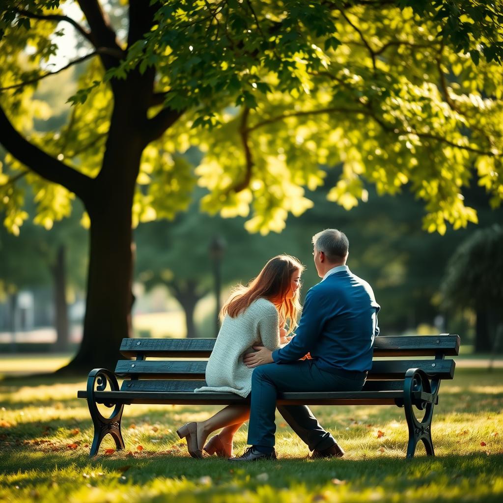 公園のベンチで木の下に座る夫婦が、心のこもった会話をしている様子
