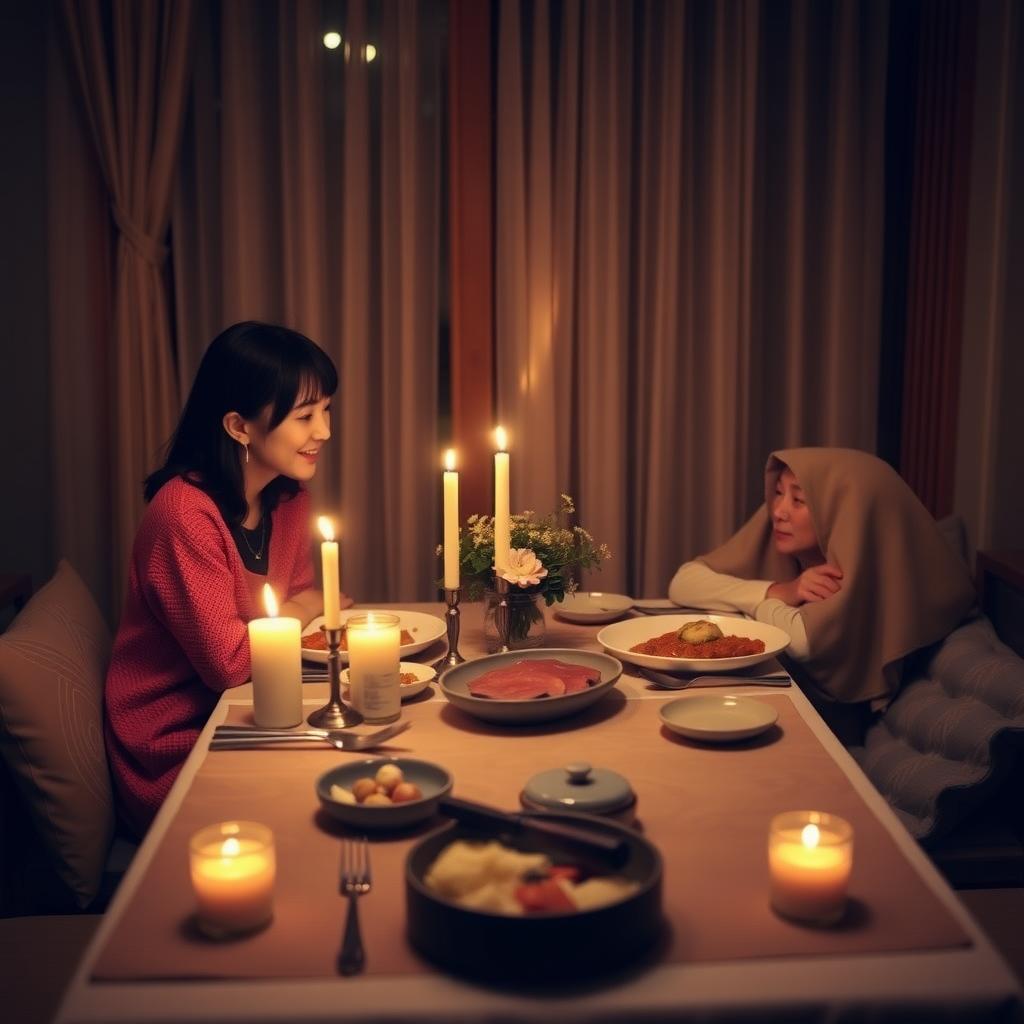 日本人夫婦のためのロマンチックなディナーのセッティング。居心地の良い家の中で、キャンドルと小さな花束が飾られた美しいテーブルに手作りの食事が並び、暖かい照明で柔らかく照らされている。
